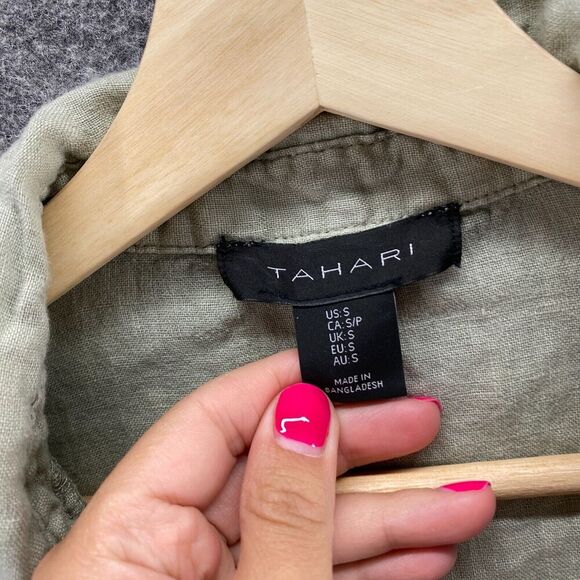 Tahari Blouse Women S Small Gray Linen Collared 3/4 Sleeve Pullover Casual - Picture 5 of 9